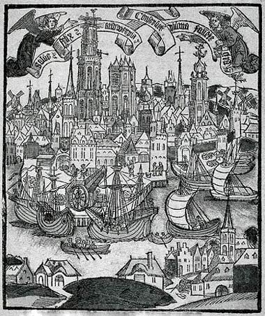 Scheepskade in de haven van Antwerpen. Jan de Gheet, 1515, houtsnede (Leuven Universiteitsbibliotheek)
