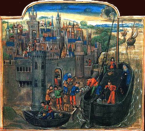 Laden van een schip in de haven. Vlaamse miniatuur. 15de eeuw (Oxford, Bodleian Library)