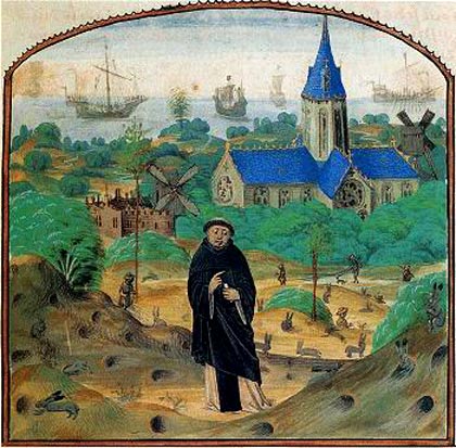 Monnik van de trappisten-abdij Ter Duinen in Koksijde, met boten op de achtergrond. Miniatuur, 1480 (Brussel, Koninklijke Bibliotheek).
