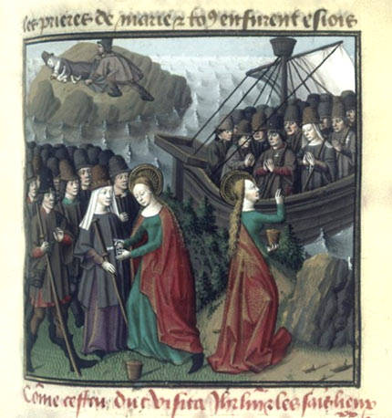 De H. Maria Magdalena begroet bootpelgrims. Miniatuur 1463 (Parijs, Bibliothèque Nationale)