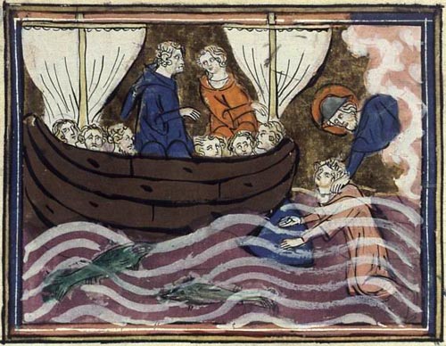Mirakuleuze redding van een drenkeling door St.-Jakobus. Franse miniatuur. 13de eeuw (Parijs, Bibliothèque Nationale)