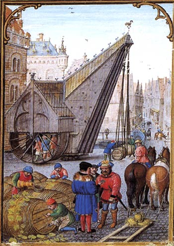 kraan in de Hanzestad Brugge. Miniatuur, 1510