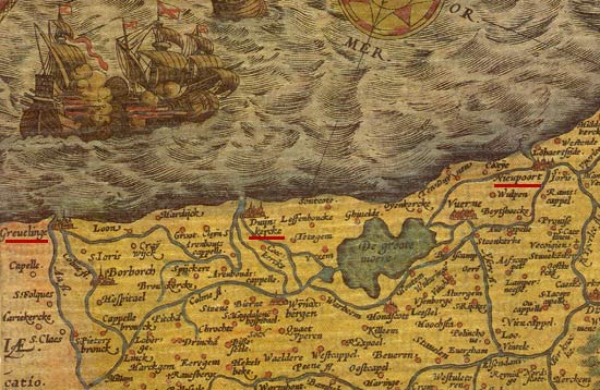 de haven van Grevelinge, helemaal links op deze kaart van G. Mercator (1570)
