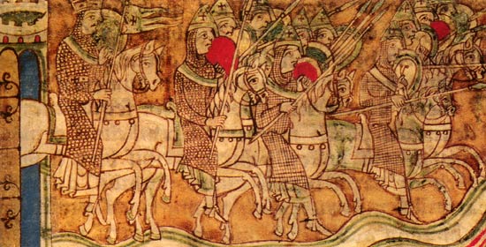 Karel de Grote met zijn leger op weg naar Compostela. 12de-eeuwse miniatuur. Compostela, Liber Jacobi.