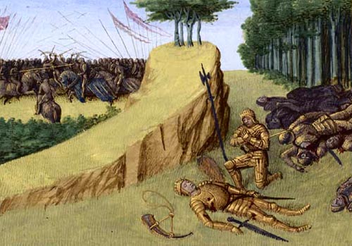 de dood van Roeland in de slag van Roncesvalles. Jean Fouquet, miniatuur, 1455