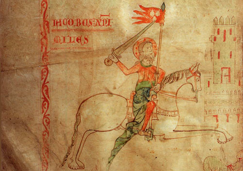 St. Jakob als Matamoros. Miniatuur, 12de eeuw. Boek van St.-Jacobus. Compostela, kathedraal, archief