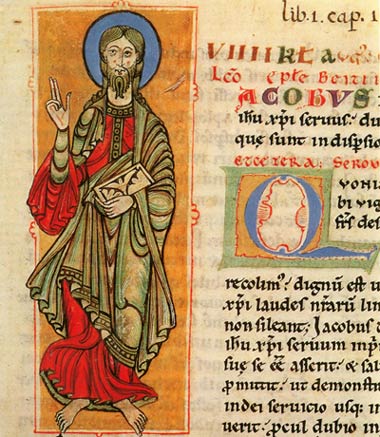Openingspagina van het Boek van Jacobus. Miniatuur. 12de eeuw. Compostela