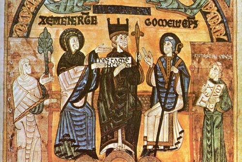koning Alfons III, geflankeerd door zijn vrouw en zijn bisschop. Miniatuur. Oviedo, kathedraal, archief.