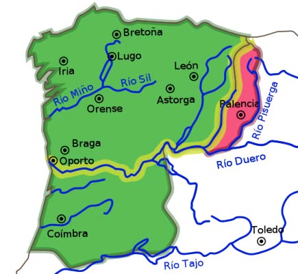 het koninkrijk van de Sueven in de 5de en 6de eeuw. De gele lijn markeert de grens van de Romeinse provincie Gallaecia.