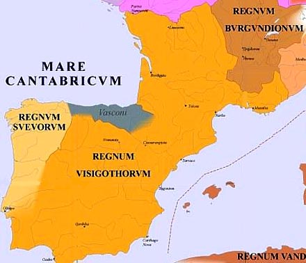 kaart van het Visigotische Rijk (oranje ingekleurd), dat van de 5de tot 6de eeuw Spanje en zuidelijk Frankrijk omvatte