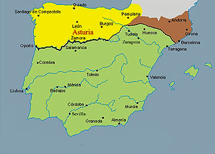 het (groen ingekleurde) Moorse emiraat van Cordoba omstreeks 800, met het (geel gekleurde) christelijke koninkrijk Asturië in Noord-West Spanje
