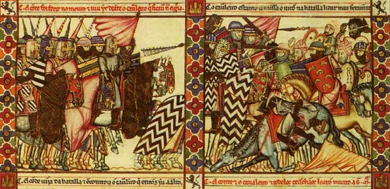 strijdende christenen en moslims tijdens de Reconquista. 13de-eeuwse miniatuur, Cantigas de Santa Maria