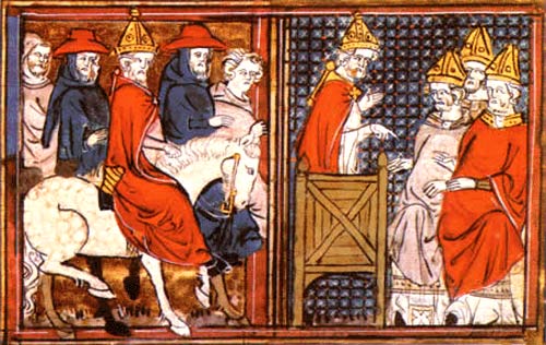 paus Urbanus II in Clermont. Miniatuur, 14de eeuw.