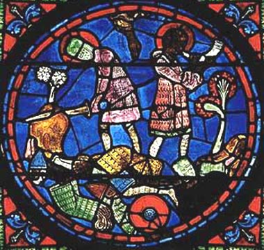 strijdende christelijke en moorse ridders. Glasraam, 12e eeuw. Chartres, kathedraal