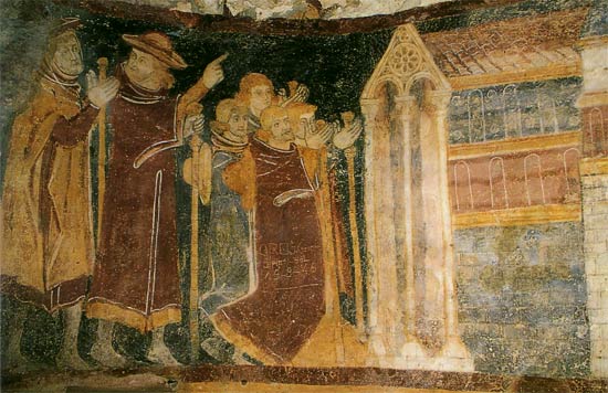 aankomst van pelgrims bij de kerk. Romaans fresco, 12de eeuw. Brancion (Bourgogne), kerk
