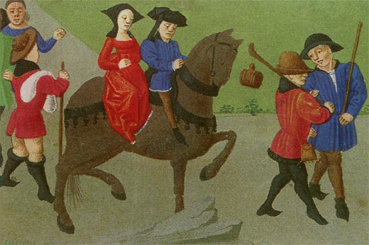 Pelgrims te voet en te paard. 15de-eeuwse miniatuur.