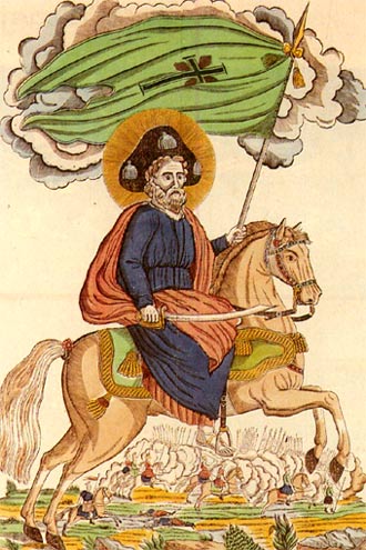 Jacobus verschijnt bij de slag van Clavijo. devotieprent, 17de eeuw.