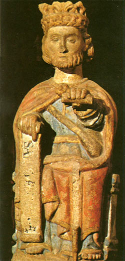 Jacobus als apostel. Granieten beeld. Midden 13de eeuw. Compostela, kathedraalmuseum