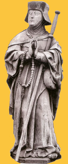 St. Renildis uitgedost als pelgrim. 1520. Maaseik, St. Lambertuskerk