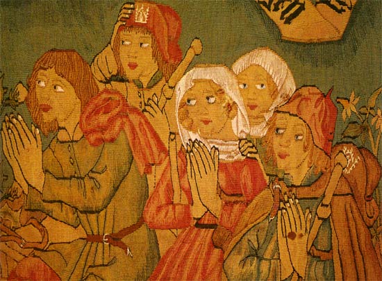 Biddende pelgrims. De vrouwen dragen een witte sluiter. Tapijtfragment, 15de eeuw. Neuviller-lès-Saverne, St. Petrus- en Pauluskerk.