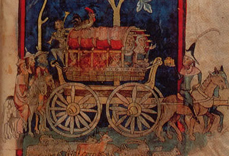 Middeleeuwse reiswagen. Duitse miniatuur, 14de eeuw.