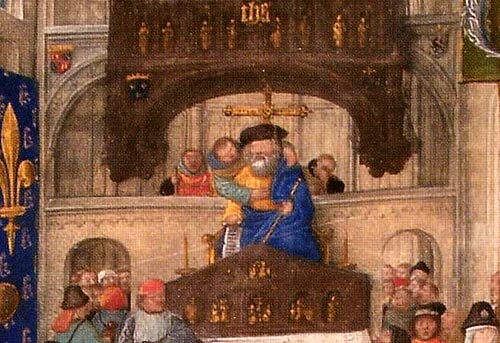 pelgrims omarmen het St.-Jakobsbeeld. Miniatuur, 1489. Doornik, Stadsbibliotheek.