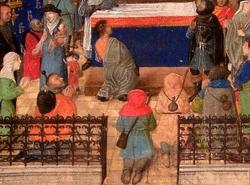 bedevaarders tijdens gebedswake in Compostela. 1707. Parijs, Bibl. Nationale