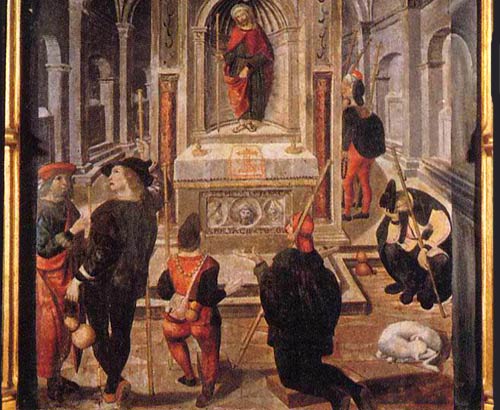 biddende bedevaarders bij St.-Jakobus' graf