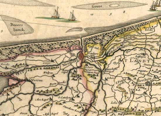 Nieuwpoort, waar ridder Taccoen inscheepte voor zijn 44-daagse zeereis naar Compostela. Joan Blaeu, kaart 'Germania Inferior - Pars Flandriae', 1645