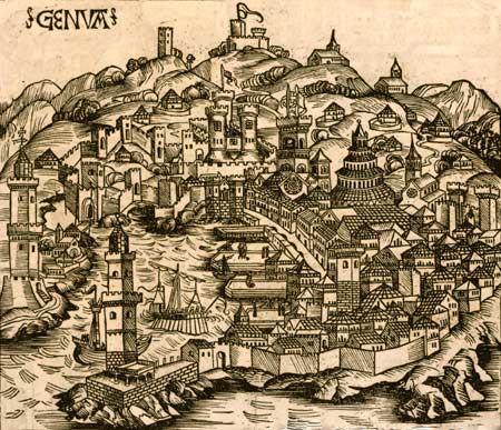 de Noord-Italiaanse havenstad Genua. 1493. Hartmann Schedel