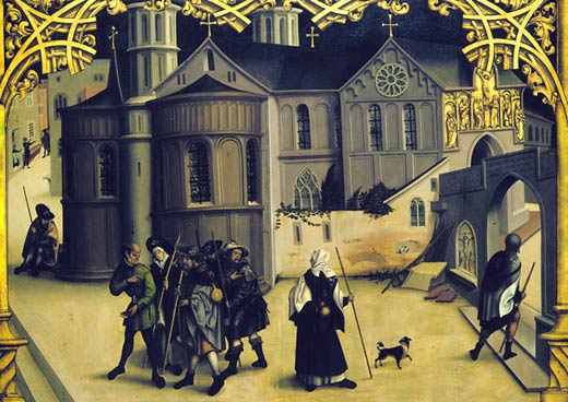 groep pelgrims bij de H. Grafkerk in Jeruzalem. Hans Burgkmair. Augsburg, Staatsgalerie