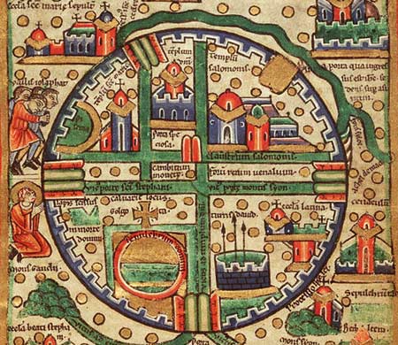 geschematiseerde kruisvorige plattegrond van Jeruzalem. 12de eeuw