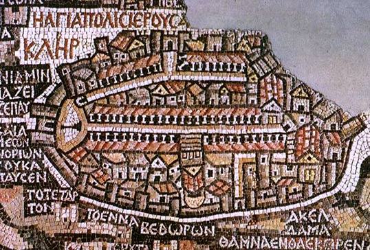 De oudste afbeelding van Jeruzalem. Mozïek, 6de eeuw. Jordanië, Madaba, St.-Joriskerk