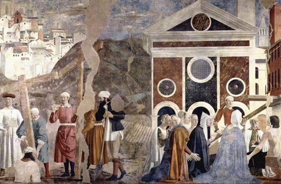 Mirakuleuze identificatie van Jezus' kruis door de H. Helena. Fresco. Piero della Francesca, 1464. Arezzo, San Francesco basiliek