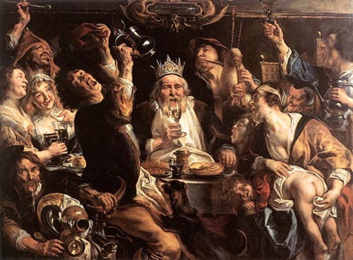 Realistische voorstelling met volkse uitbundigheid van 'De Koning drinkt' op Driekoningenavond. Jacob Jordaens, 1638. Brussel, Mus. Schone Kunsten. 