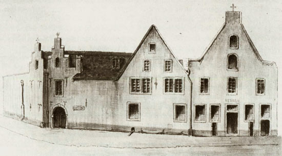 Het Ipperwald-gasthuis voor pelgrims, zoals het er uitzag in 1844. Tekening van Wilhem Wlutz
