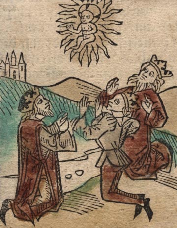 De Wijzen zien de wonderbaarlijke ster. Ingekleurde houtsnede, 1480. J. Von Hildesheim, 'Historia Trium Regum'
