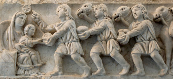 Een van de oudste voorstellingen van de 3 Wijzen. Sarkofaag, 4de eeuw. Rome, Museo Pio Cristiano.