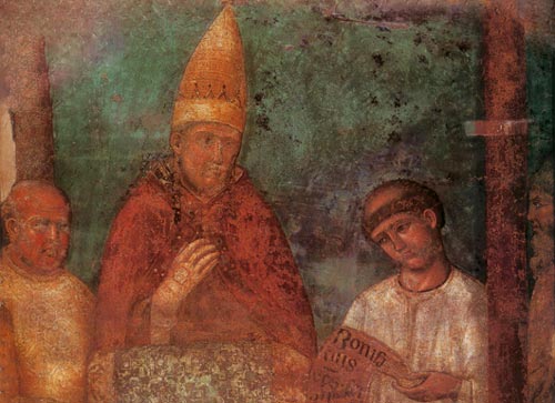 paus Bonifatius zegent vanop de loggia van Lateranen de pelgrims in het H. Jaar 1300. Giotto, fresco, basiliek van St.-Jan van Lateranen