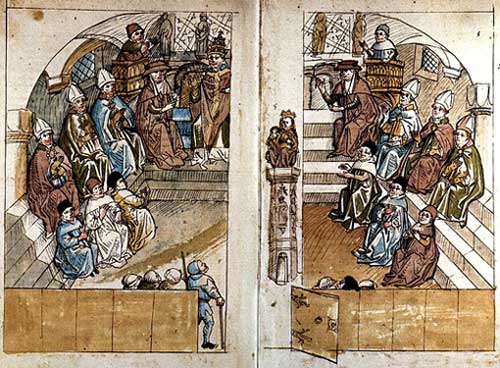 het Concilie van Konstanz. Ulrich Richental, gekleurde pentekening, 1460