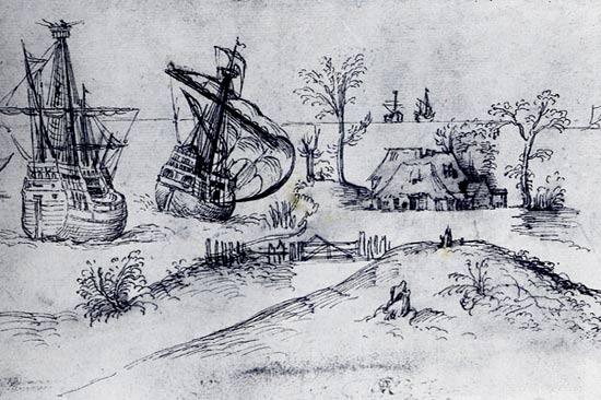 Vlaams landschap met schepen. 1535 (Brussel, Museum Schone Kunsten)