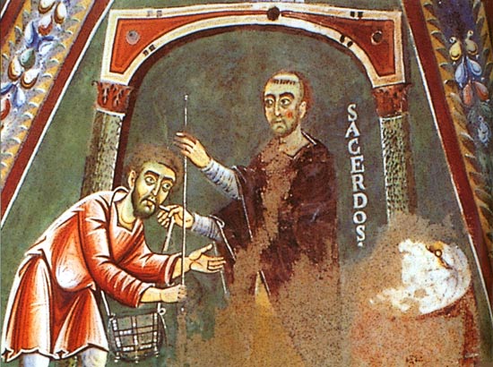 St.-Heraldus ontvangt de 'palster ende scerpe' (fresco, einde 11de eeuw. Novalesa, abdijkerk)