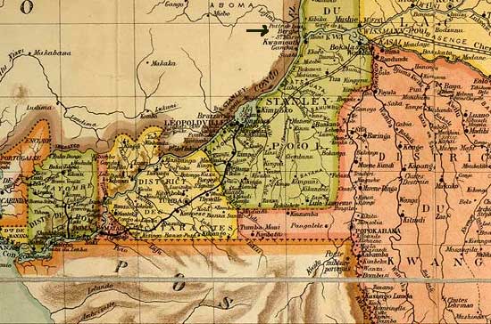 Op deze kaart uit de tijd van Congo Vrijstaat (1905) wijst een pijl de plaats Sint-Maria-Berghe aan, waar de eerste Scheut-missionarissen zich vestigden