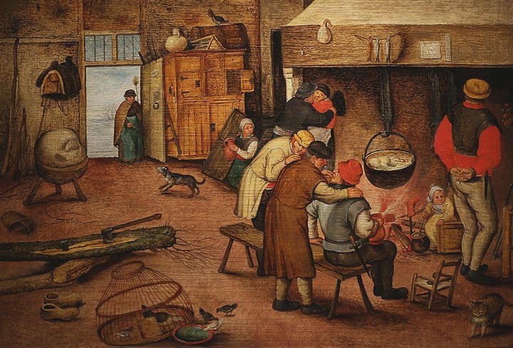 Voorbijgangers warmen zich op bij de haard in de herberg. P. Brueghel de Jonge, begin 17de eeuw.