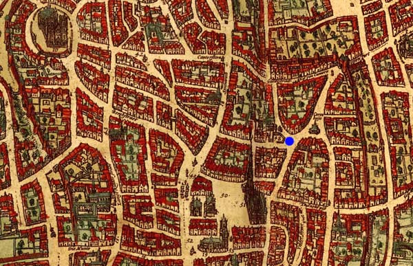 Het St.-Jansgasthuis (met blauwe stip bij nr 48), ten noorden van de Grote Markt. Braun en Hogenberg, stadsplan Brussel, 1572