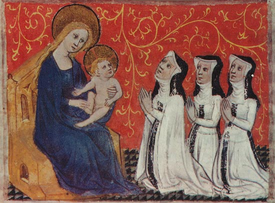 de overste en 2 zusters geknield bij Madonna met Kind. Miniatuur, 14de eeuw. Doornik, kathedraalschat.