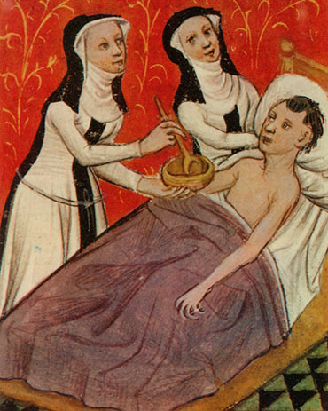 twee zusters dienen voedsel toe aan een zieke. Miniatuur, 14de eeuw. Doornik, kathedraalschat.