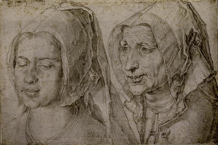 Dienstmeisje en oude vrouw in een herberg. A. Dürer. pentekening, 1520.