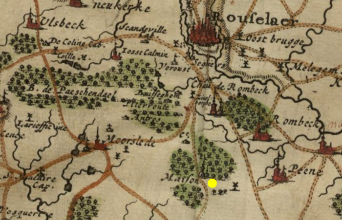 De huidige Tuimelarehoek, ontstaan rondom het verdwenen Gasthuis ten Bunderen (gele stip), werd lange tijd bedekt met dichte bossen... (Eugène-Henri Fricx, Cartes des Pays-Bas, 1712.