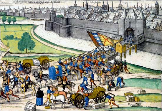 koninklijk Spaans garnizoen bij de stad Maastricht. (F. Hogenberg, 1568)